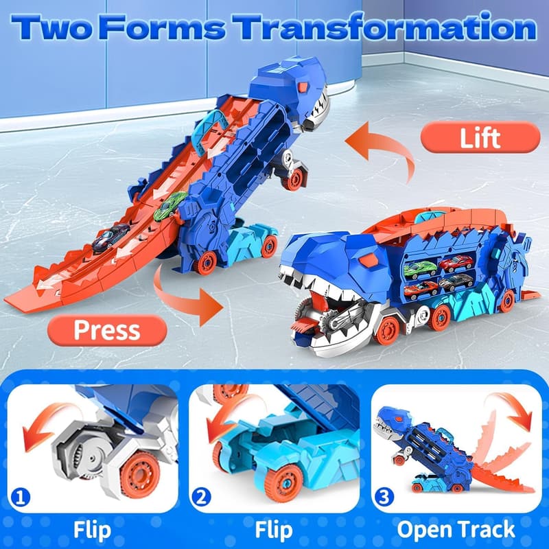 Dinosaur Transport Truck Set with Race Cars and Track for Kids
