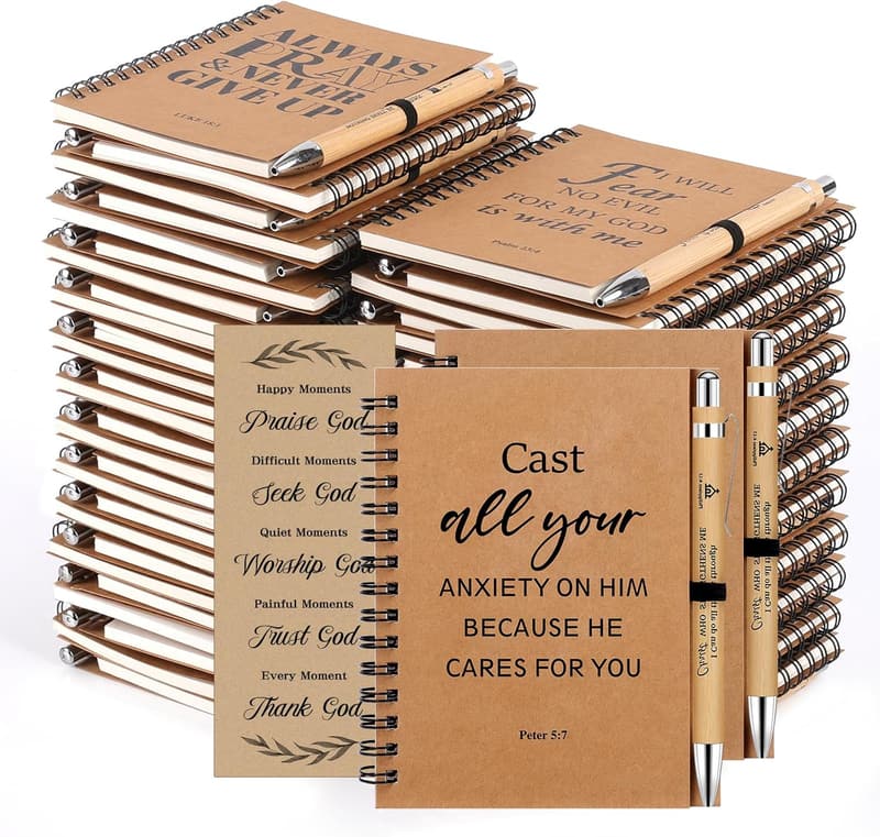Christian Party Favors Set: 50 Spiral Notebooks, Pens & Bookmarks