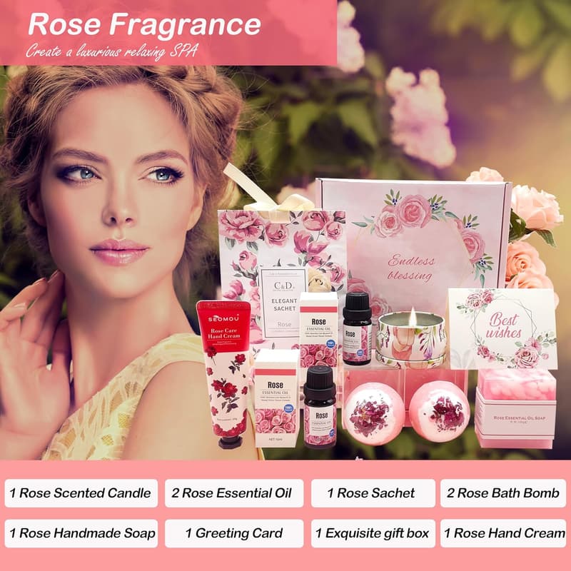 Birthday Spa Gift Basket for Women - Rose Scented Self-Care Set