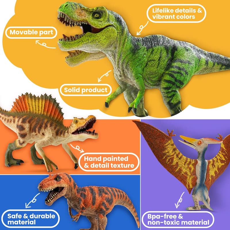 Realistic Jumbo Dinosaur Toys Set with Learning Cards for Kids 3+