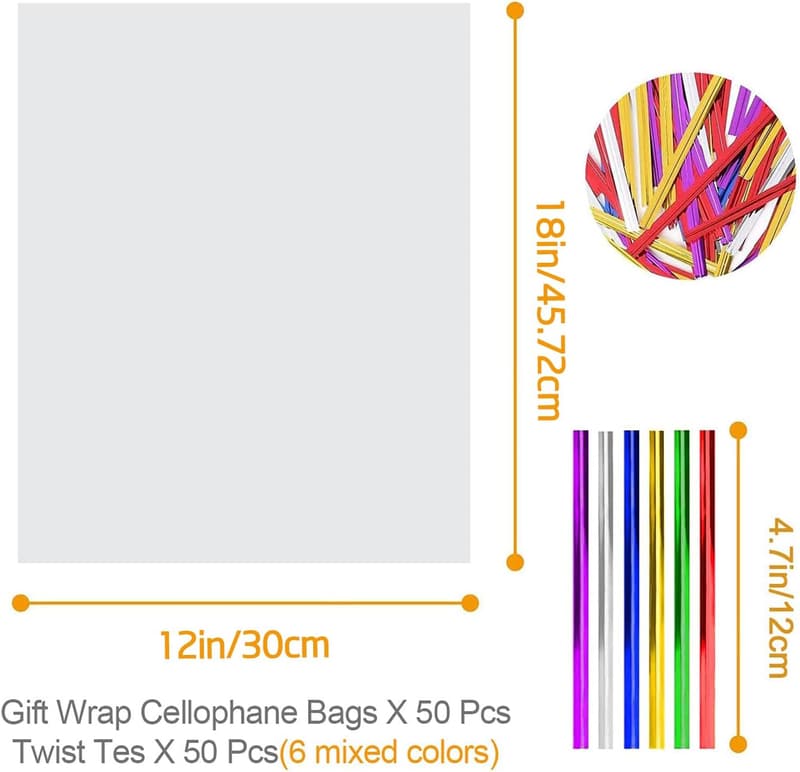 50 Pcs Clear Cellophane Gift Bags with Twist Ties for Parties