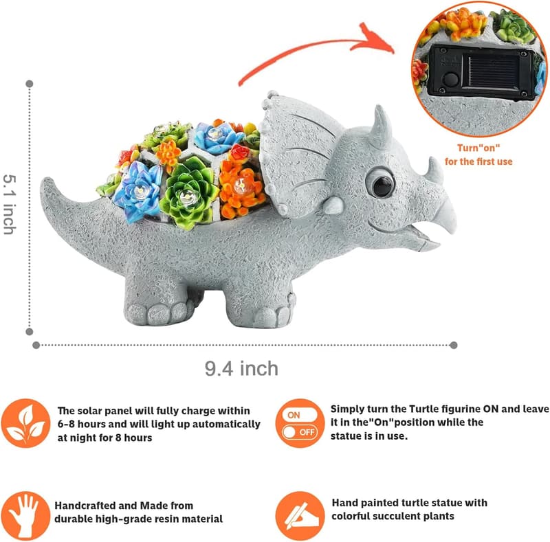 Solar Dinosaur Garden Statues with Succulent & LED Lights
