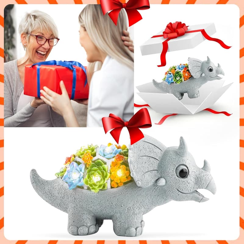 Solar Dinosaur Garden Statues with Succulent & LED Lights