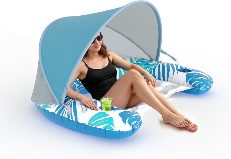 Adult XL Inflatable Pool Float with Canopy & Drink Holder