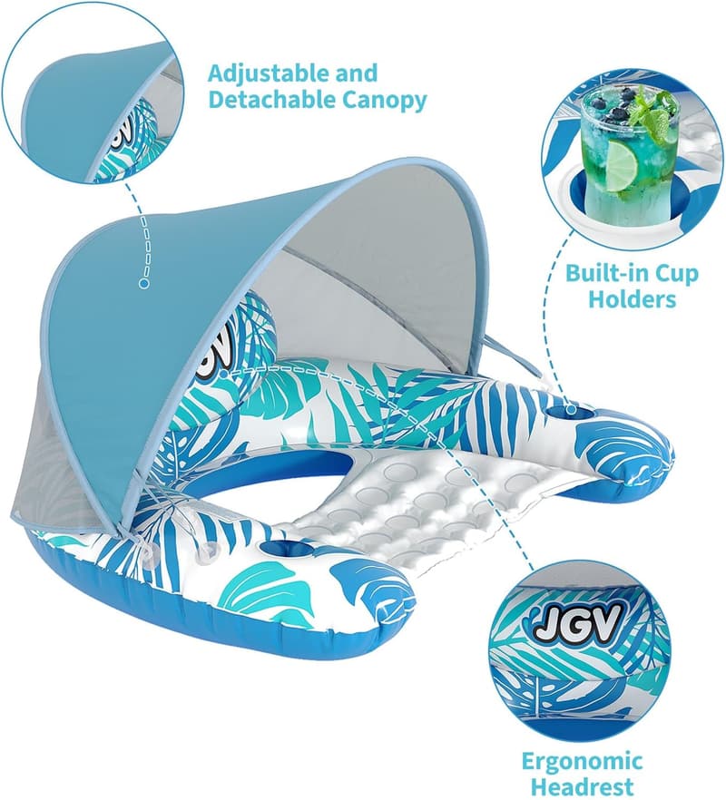 Adult XL Inflatable Pool Float with Canopy & Drink Holder