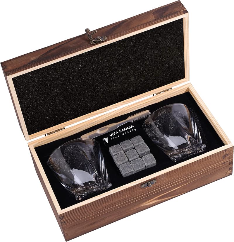 Christmas Whiskey Glass Set: 2 Glasses, Ice Stones & Tongs