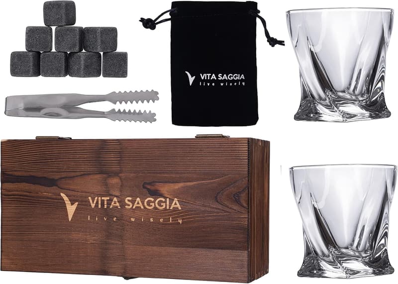 Christmas Whiskey Glass Set: 2 Glasses, Ice Stones & Tongs