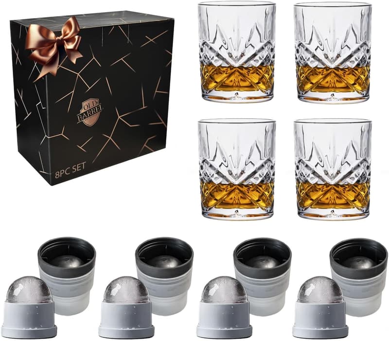 Whiskey Glasses Set with Ice Molds - 10oz Crystal Gift Set