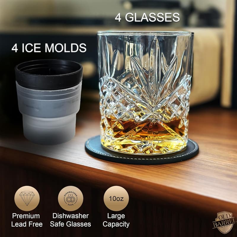 Whiskey Glasses Set with Ice Molds - 10oz Crystal Gift Set