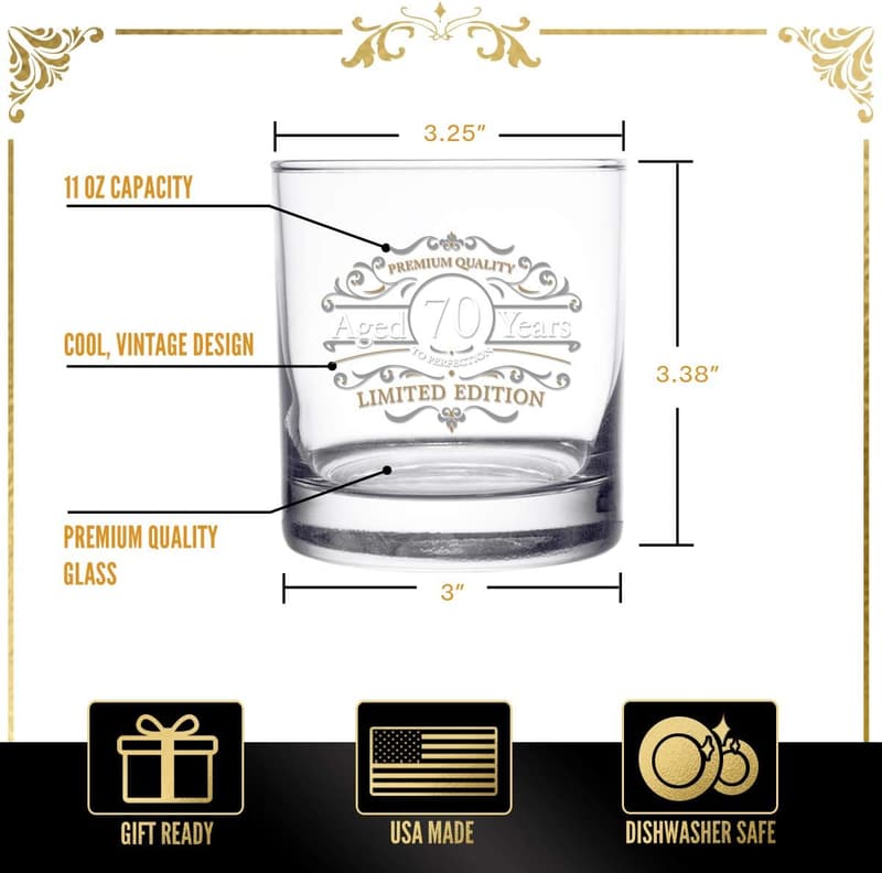70th Anniversary Vintage Whiskey Glass - 11 oz Old Fashioned