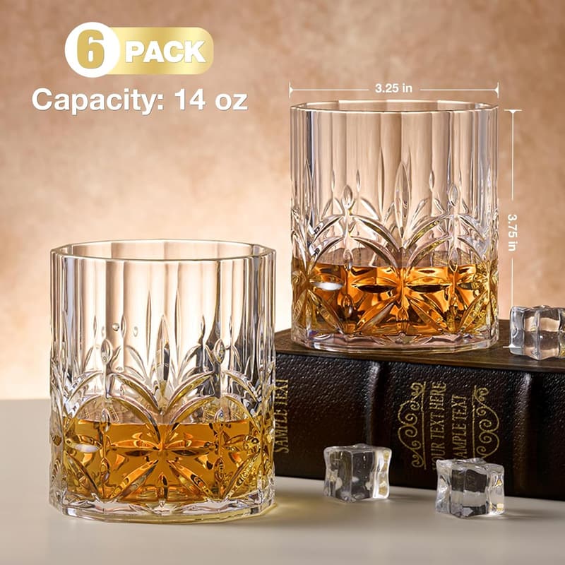 Set of 6 Unbreakable 14 oz Whiskey Glasses - BPA-Free, Dishwasher Safe