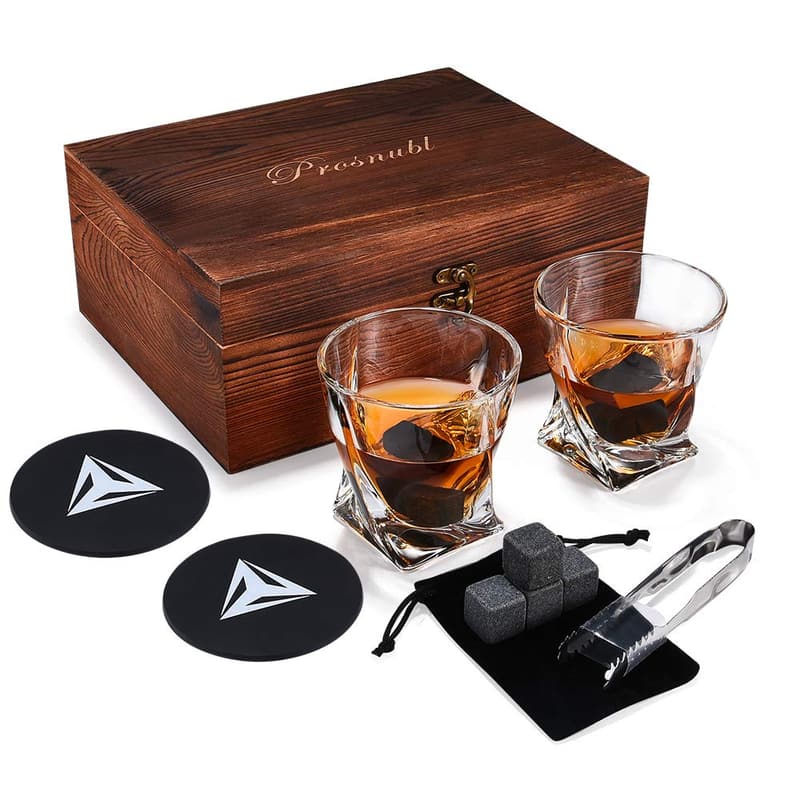 Whiskey Glass Set with Stones in Wooden Box for Men