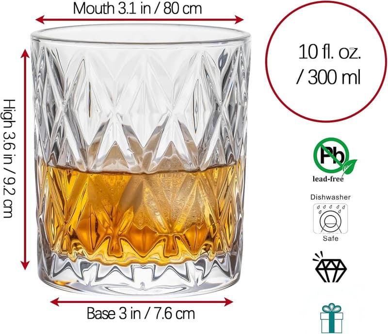 Set of 6 Crystal Old Fashioned Whiskey Glasses - 10oz, Gift Boxed