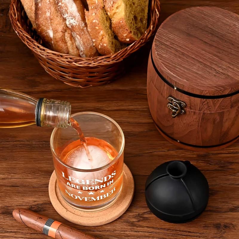 November Birthday Whiskey Glass with Wooden Barrel - 10 oz