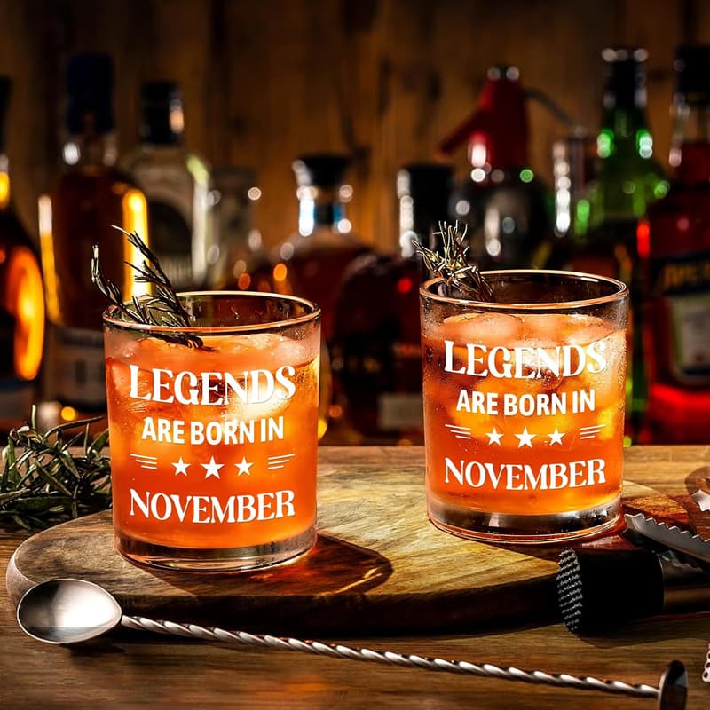 November Birthday Whiskey Glass with Wooden Barrel - 10 oz