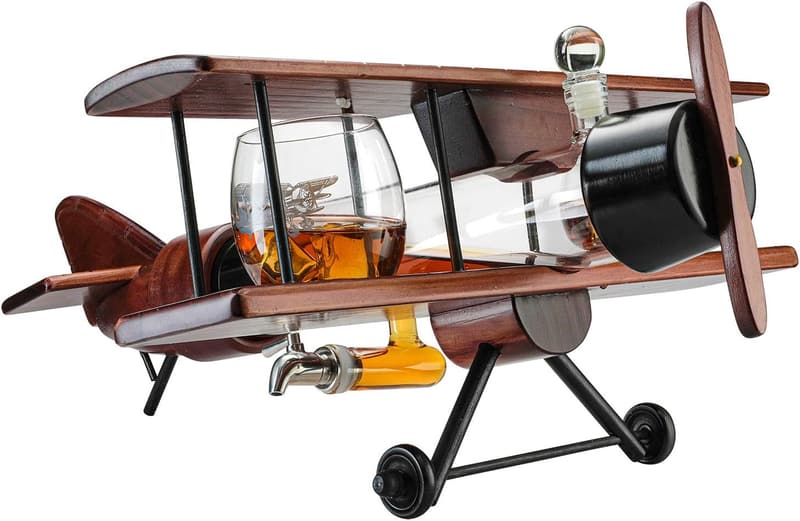 Antique Wood Airplane Decanter Set with 2 Glasses - Gift for Pilots