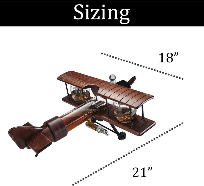 Antique Wood Airplane Decanter Set with 2 Glasses - Gift for Pilots