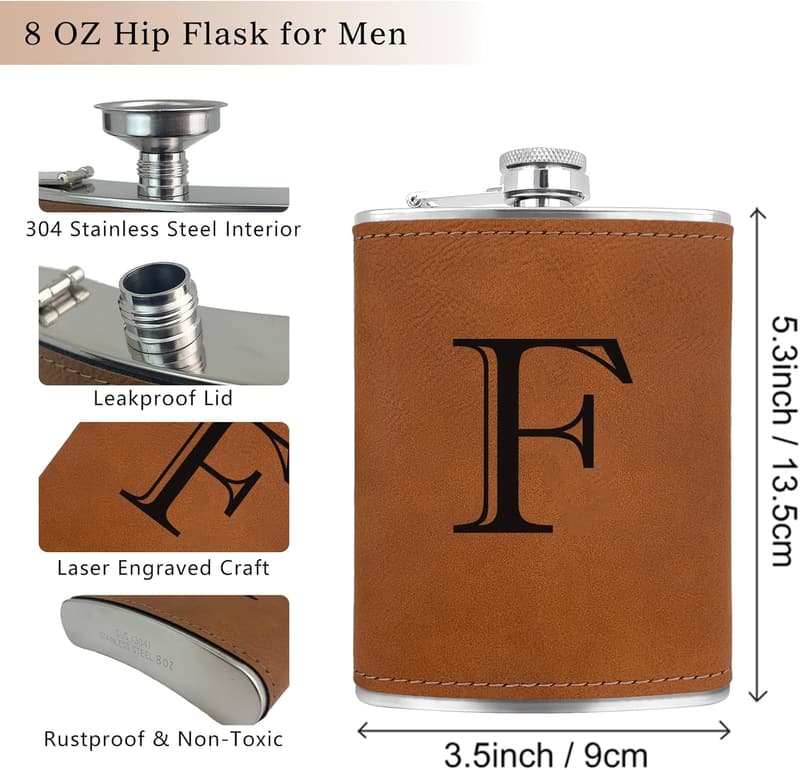 Personalized Leather Hip Flask for Men - 8 oz Engraved Gift