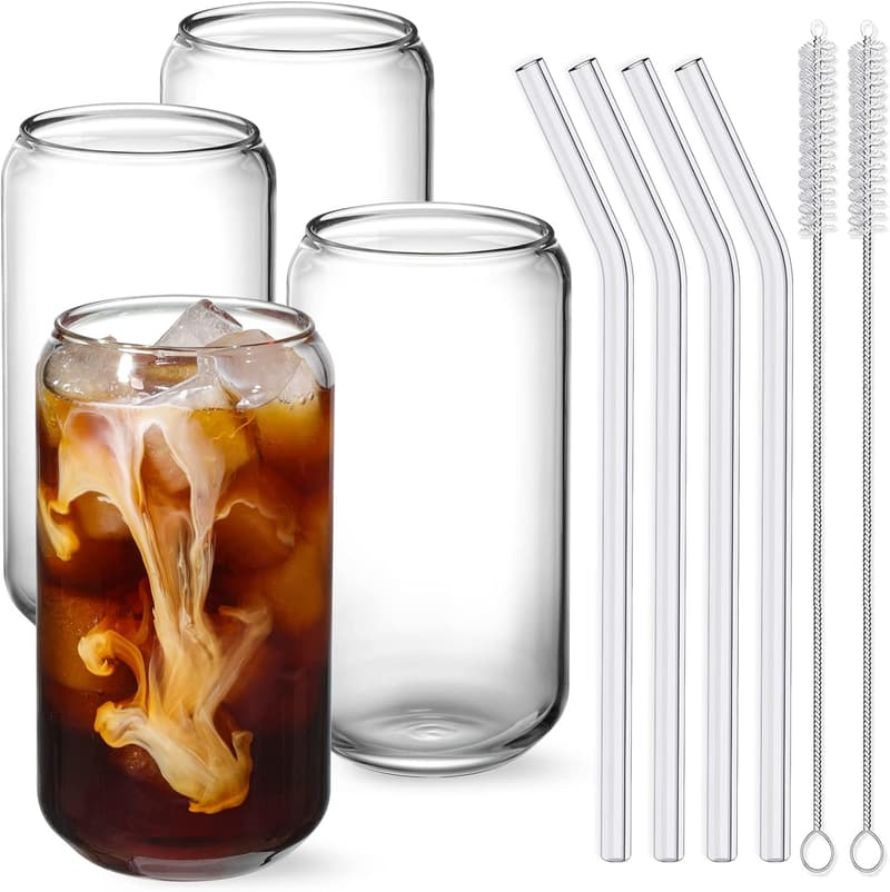 Cute Highball Glasses Set with Straws - 16oz, 4pcs