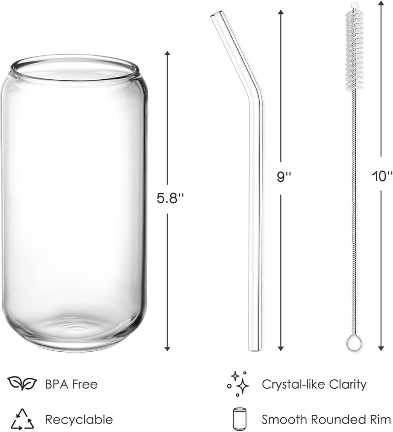 Cute Highball Glasses Set with Straws - 16oz, 4pcs