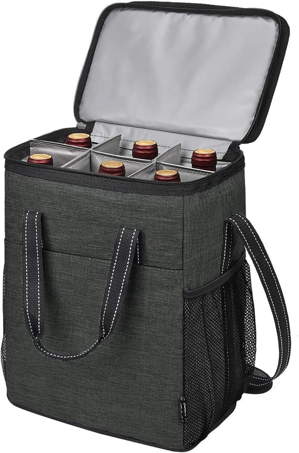 Insulated Wine Carrier Tote - 6 Bottle Cooler Bag for Travel