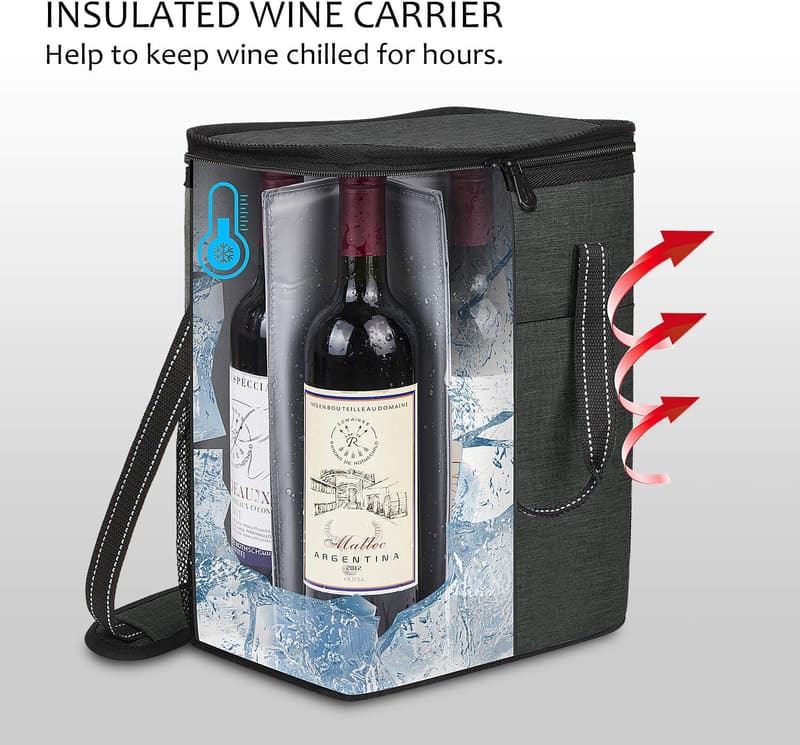 Insulated Wine Carrier Tote - 6 Bottle Cooler Bag for Travel