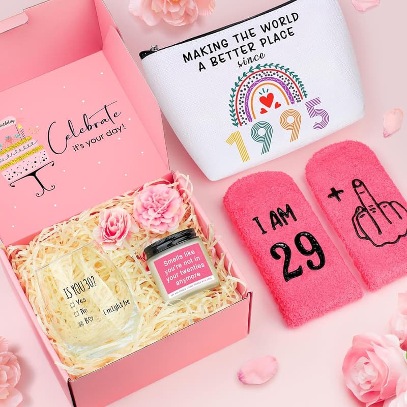 30th Birthday Gift Set for Women – Wine Glass, Candle, Makeup Bag