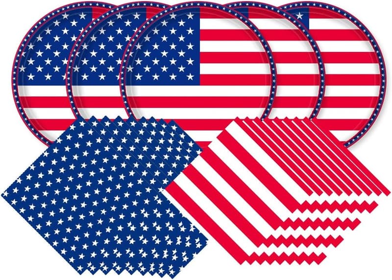 Patriotic Party Supplies: American Flag Disposable Plates & Napkins for 50