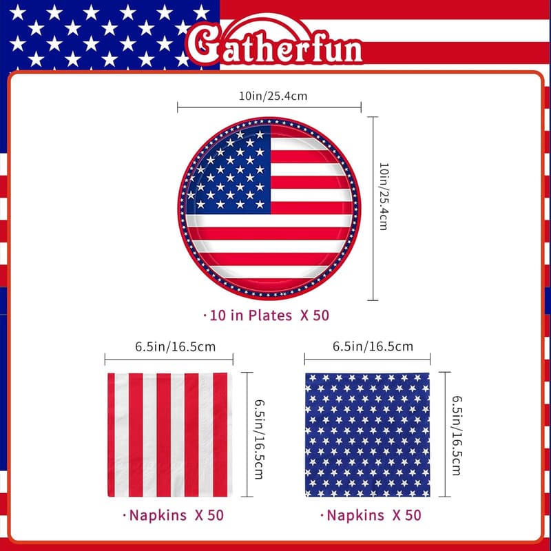 Patriotic Party Supplies: American Flag Disposable Plates & Napkins for 50