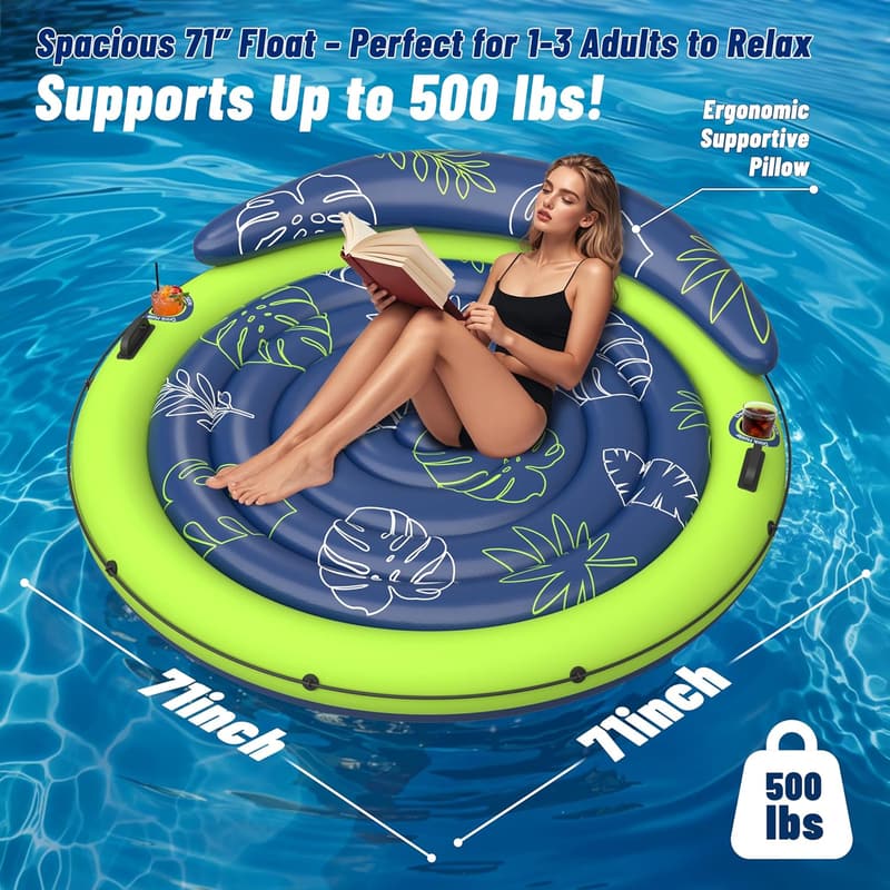 Extra Large Inflatable Tanning Pool Float with Cup Holders