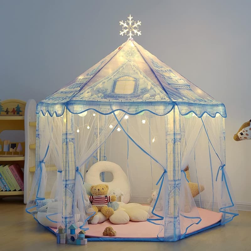 Frozen Princess Play Tent with Snowflake Lights and Rug