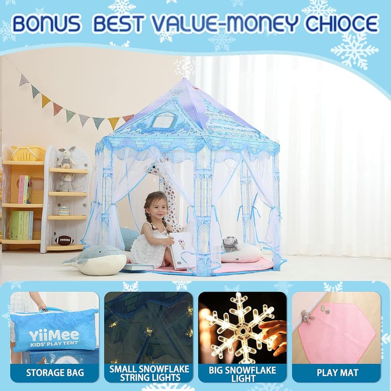 Frozen Princess Play Tent with Snowflake Lights and Rug