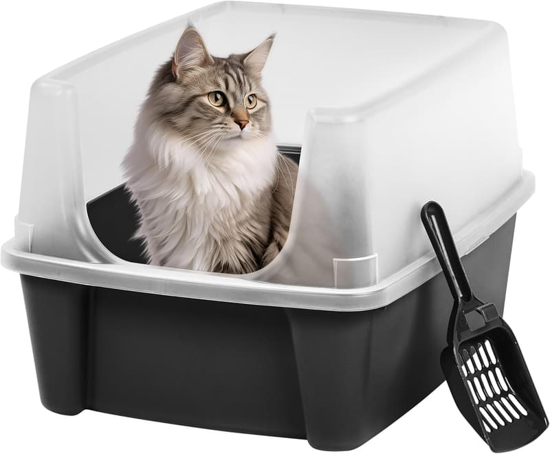 Open Top High-Sided Cat Litter Box with Scatter Shield, Black