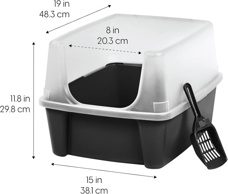 Open Top High-Sided Cat Litter Box with Scatter Shield, Black