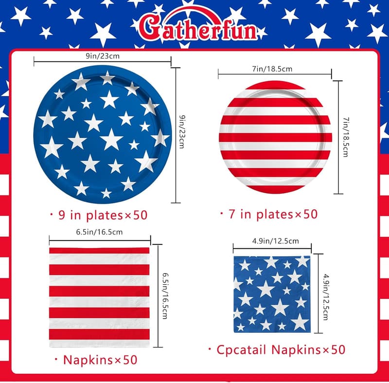 Patriotic Party Supplies: Disposable Plates & Napkins for 50