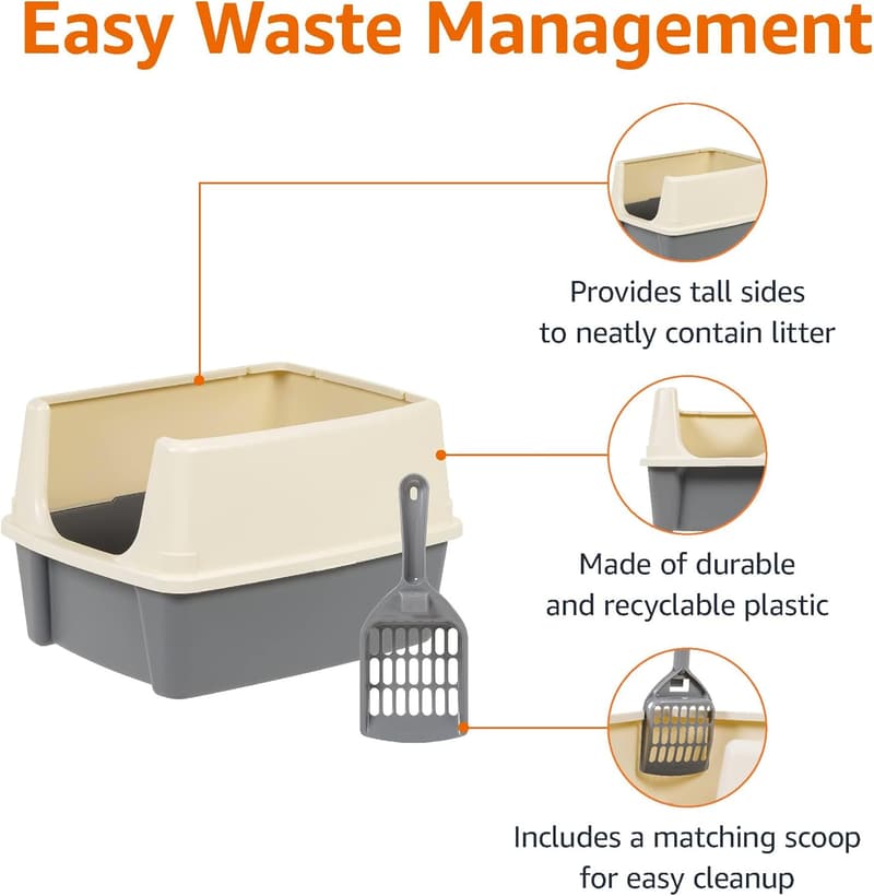 Large Open-Top Cat Litter Box with High Sides and Scoop