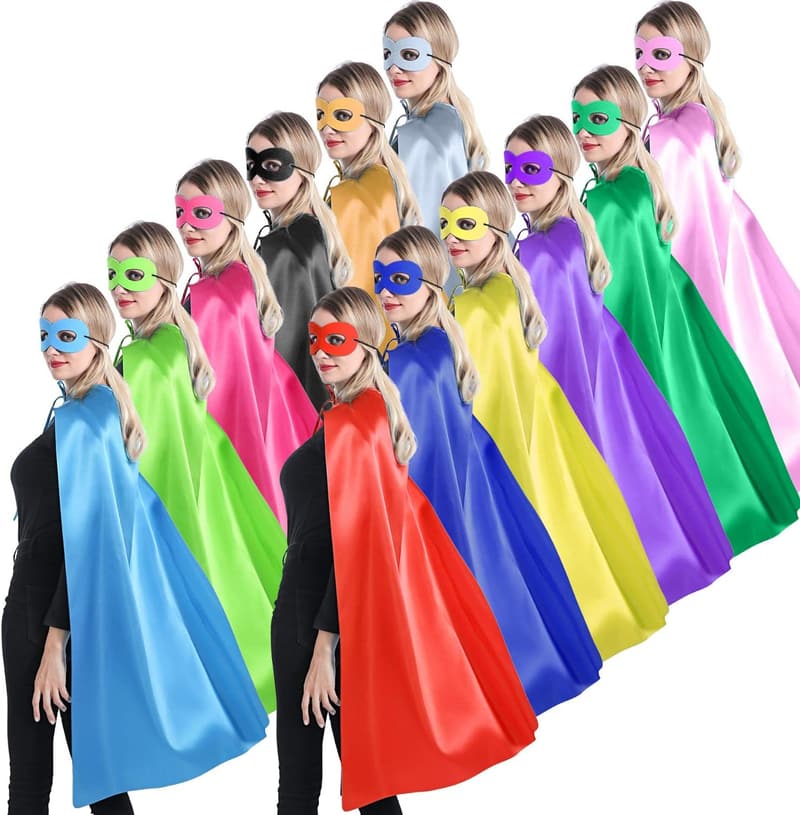 Party Superhero Capes & Masks Set - 12 Mixed Colors for Adults