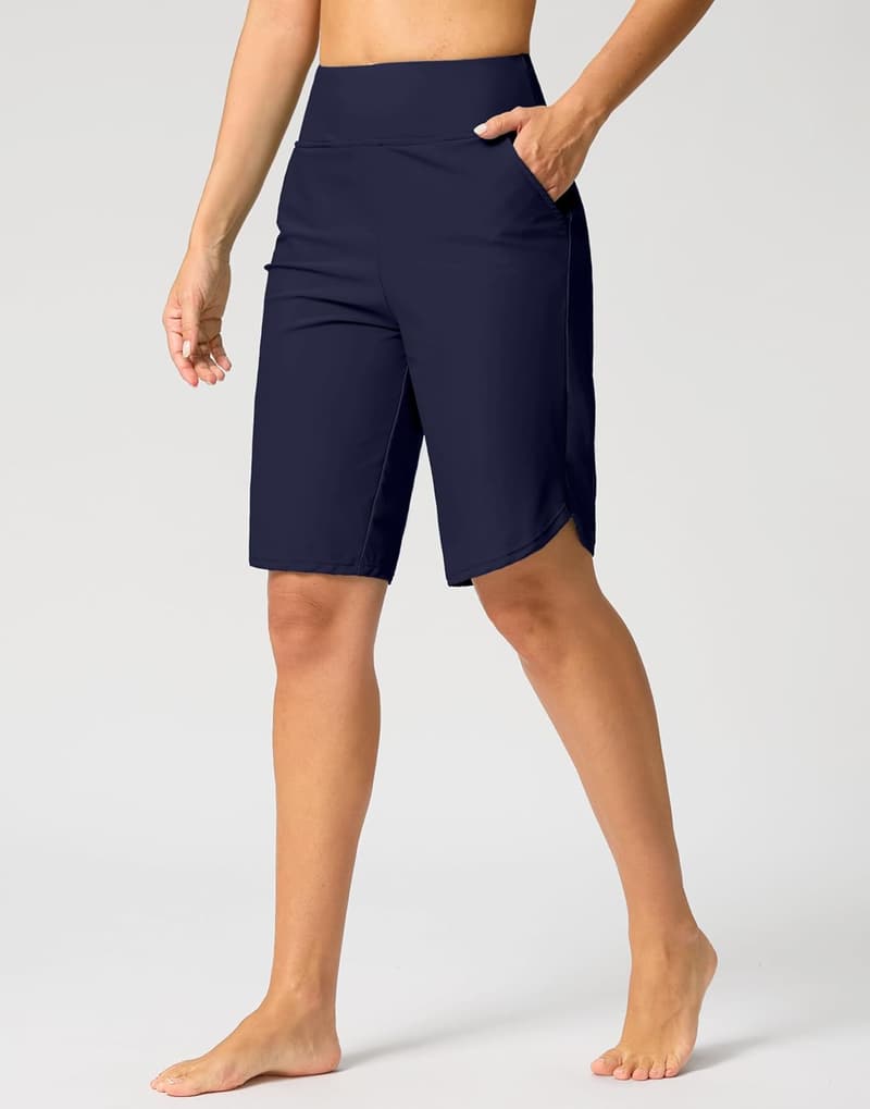 High Waisted Women's Swim Board Shorts with Pockets - 11