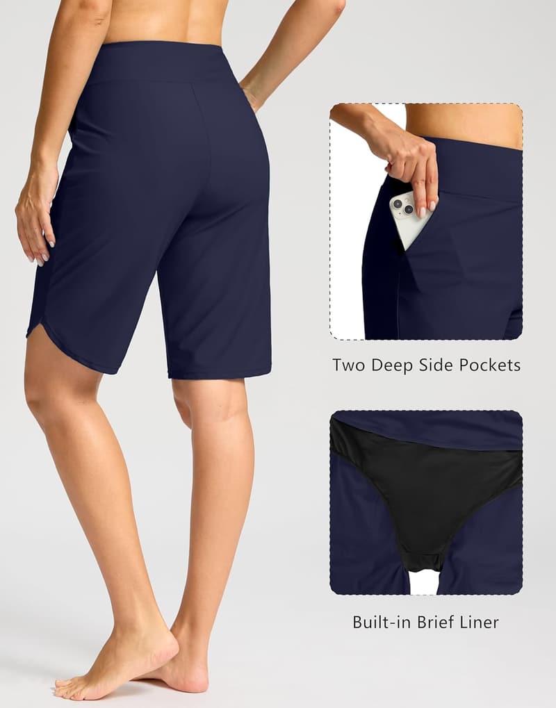 High Waisted Women's Swim Board Shorts with Pockets - 11