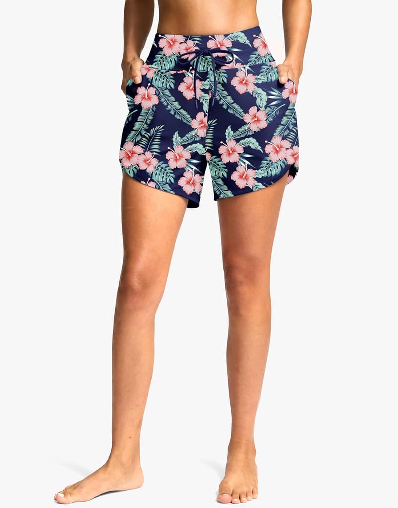 High Waisted Women's Quick-Dry Swim Shorts with Pockets