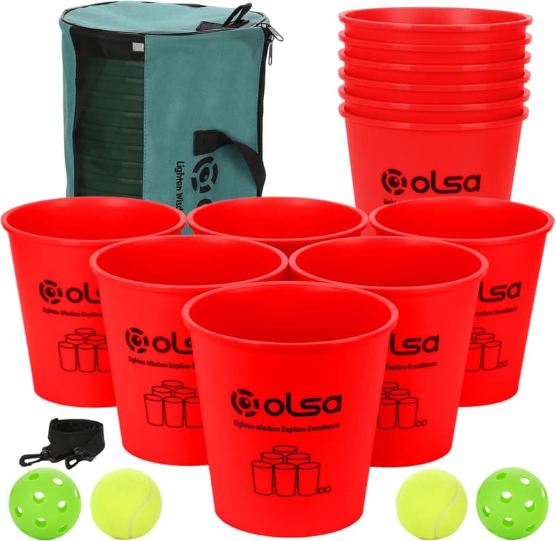Outdoor Giant Pong Game Set for Adults & Family - 12 Buckets, Balls, Carrying Bag