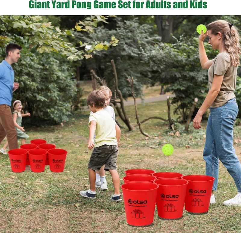 Outdoor Giant Pong Game Set for Adults & Family - 12 Buckets, Balls, Carrying Bag