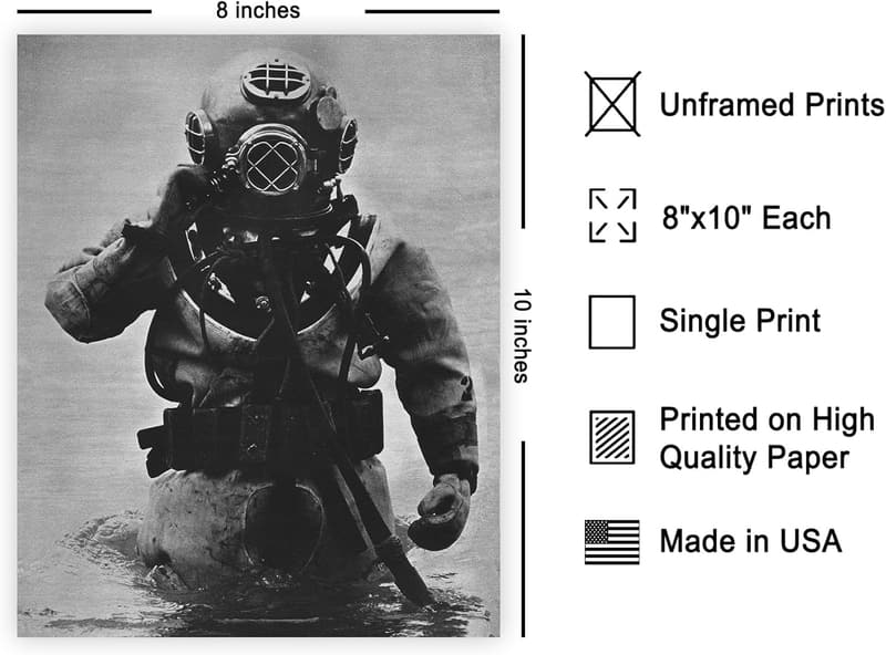 Vintage Scuba Diver Wall Art Print - 8x10 Unframed Decor