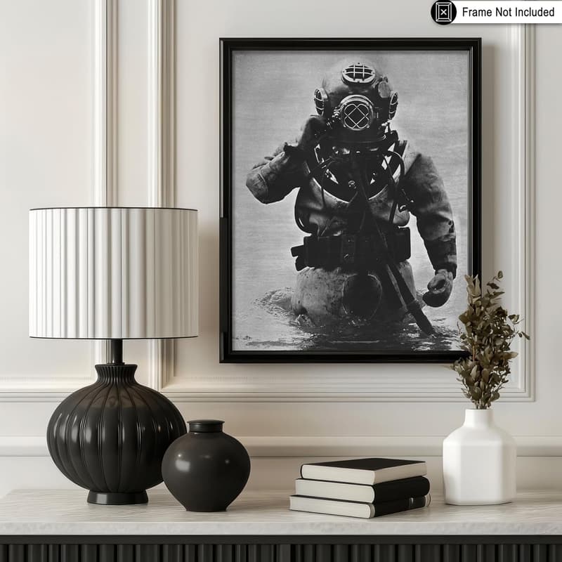 Vintage Scuba Diver Wall Art Print - 8x10 Unframed Decor