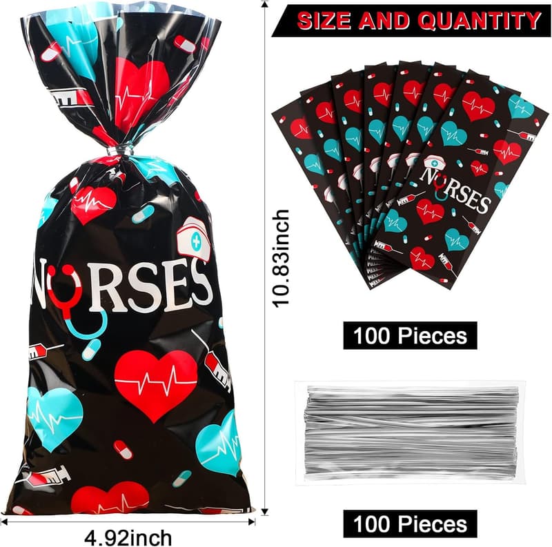Nurses Week Goody Bags - 100 Pack Medical Treat Bags (Black)