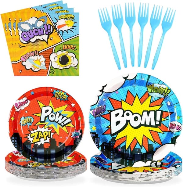 Superhero Birthday Party Set - 96 Disposable Plates & Napkins, Serves 24