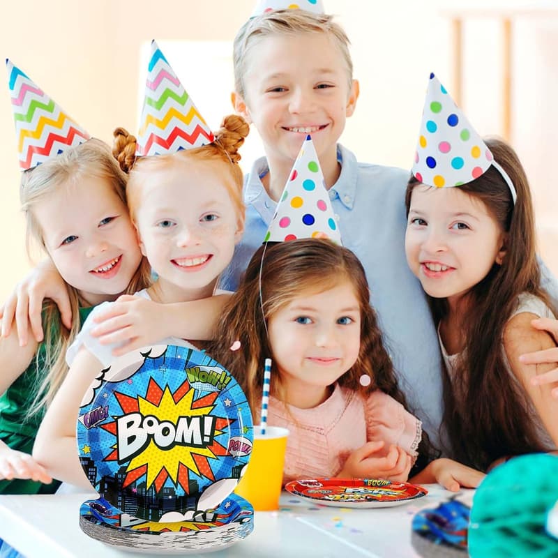Superhero Birthday Party Set - 96 Disposable Plates & Napkins, Serves 24