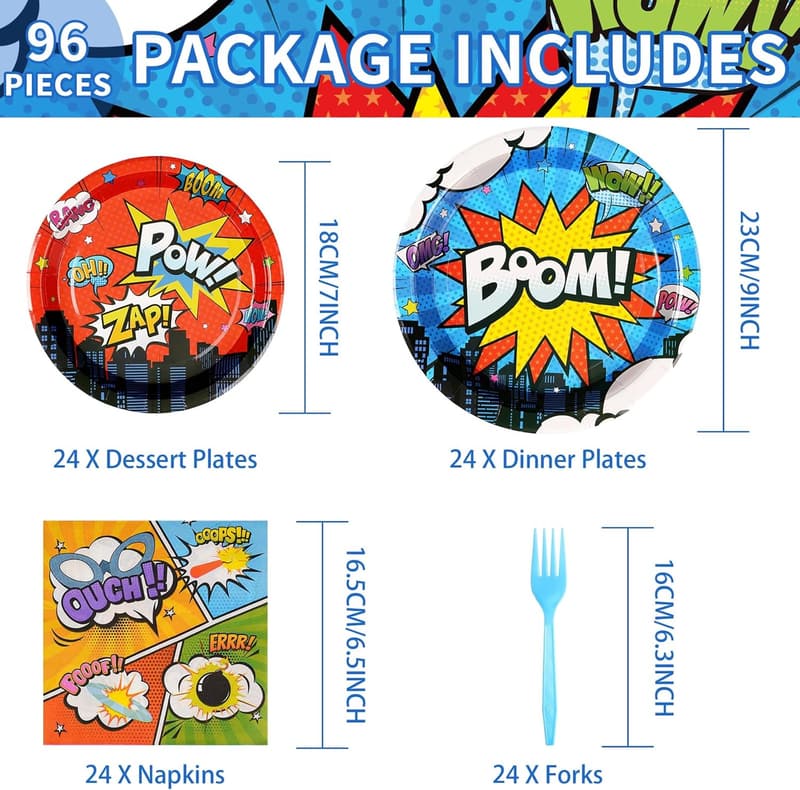 Superhero Birthday Party Set - 96 Disposable Plates & Napkins, Serves 24