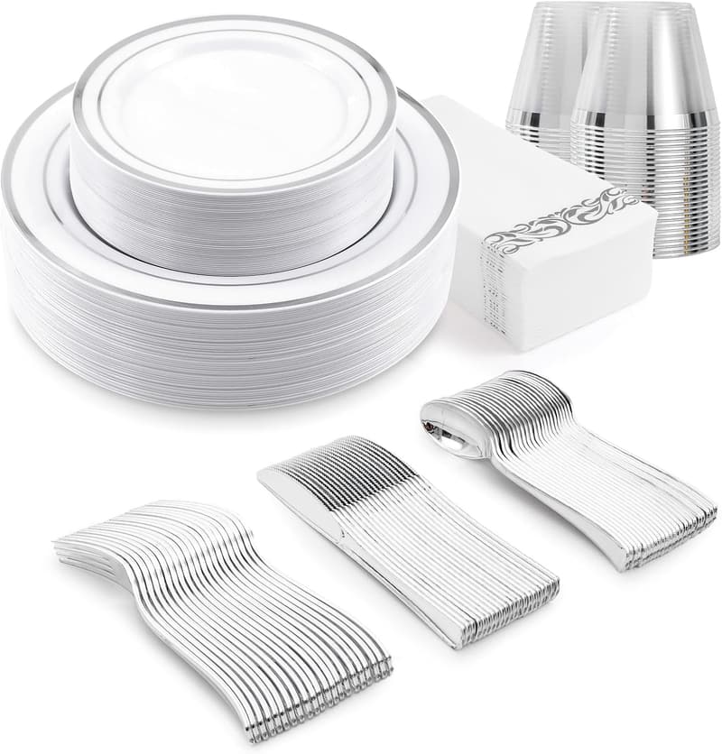 Elegant 350-Piece Silver Rim Disposable Dinnerware Set for 50