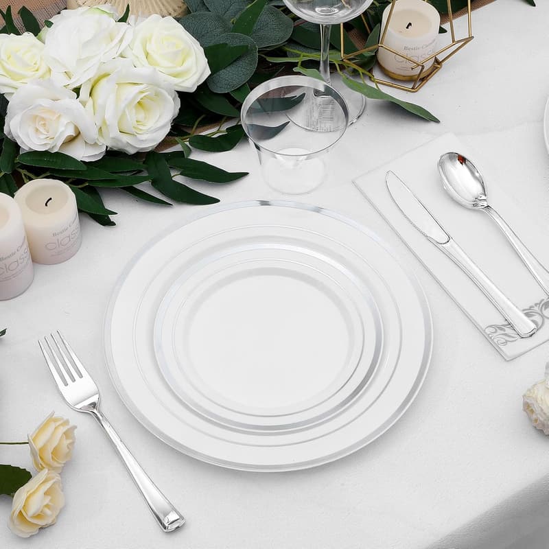 Elegant 350-Piece Silver Rim Disposable Dinnerware Set for 50